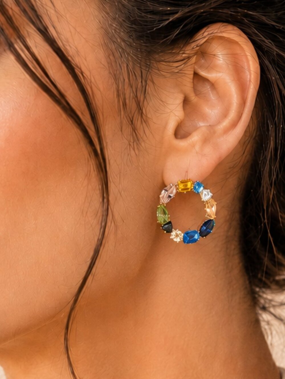 BaubleBar Multicolor Crystal Hoop Earrings Gold Tone Statement 1" NEW
